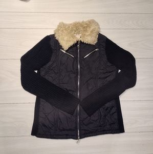JJ Basics Glimmer Coat Womens Black Faux Fur Collar Full Zip Knit Sleeves Small.